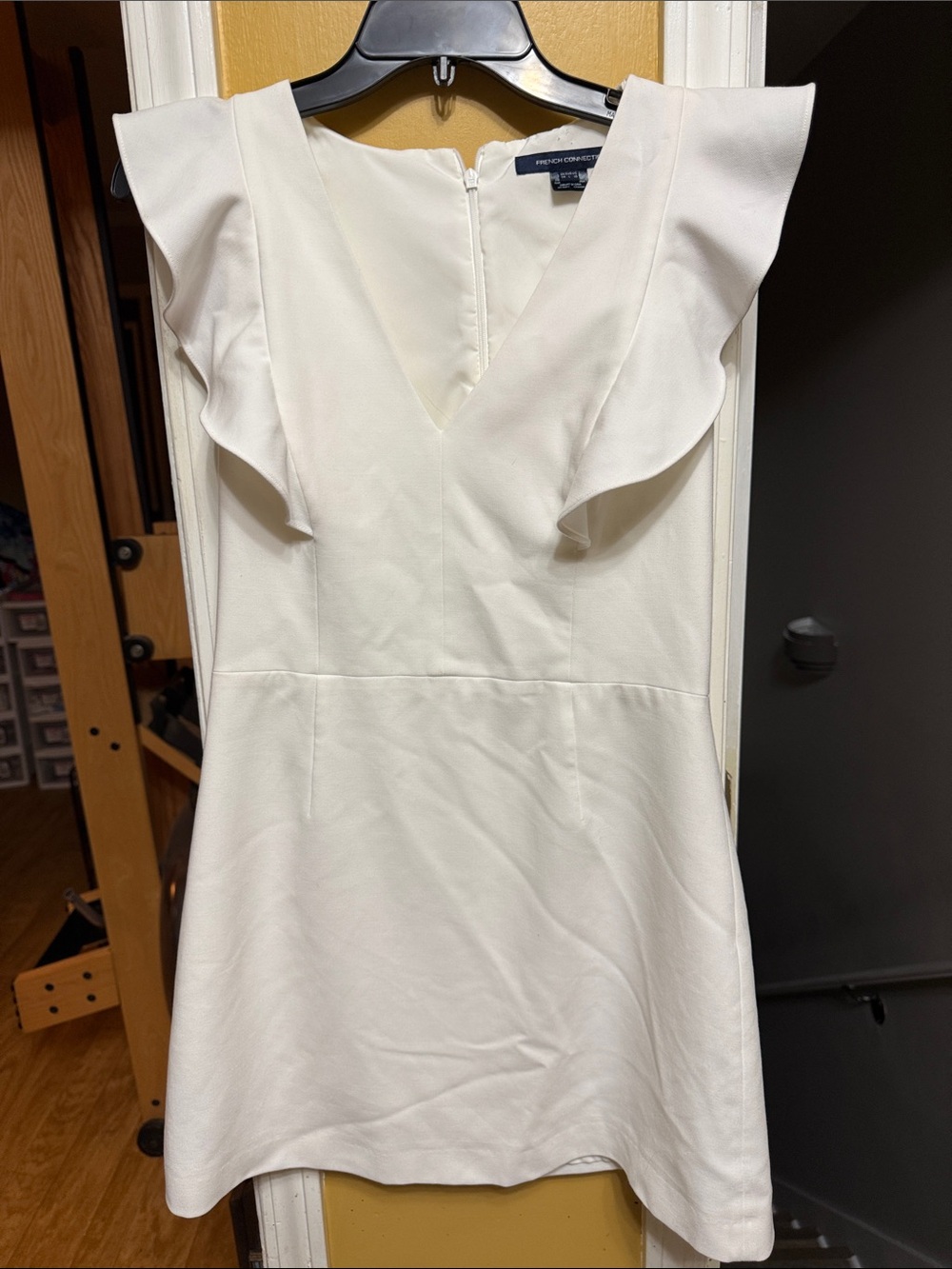 French Connection White Ruffle Sleeve Sheath Dress V Neck Bridal US 10